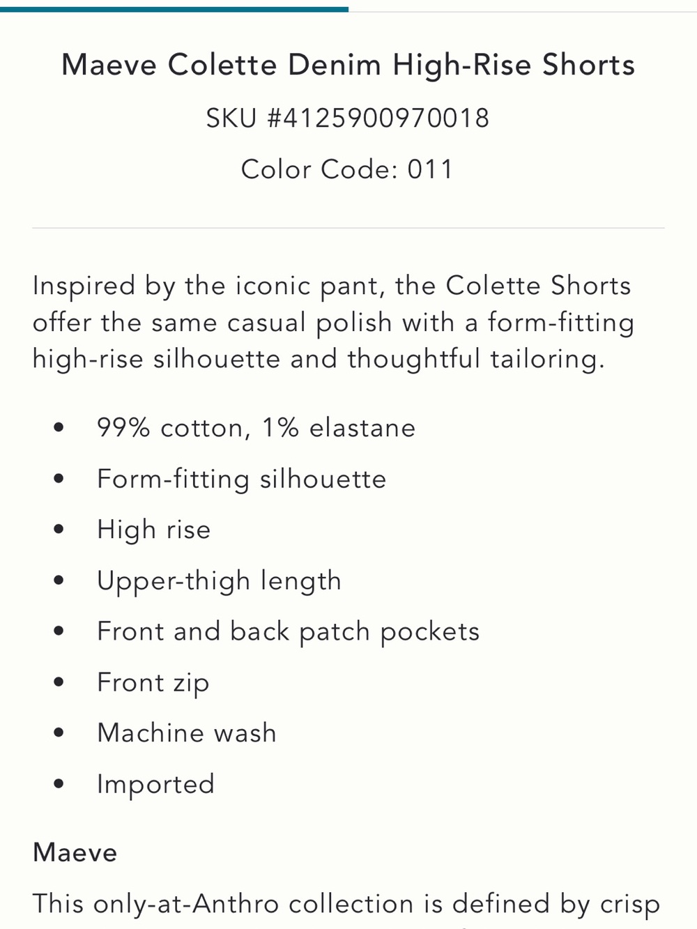 Maeve (Anthro) Colette White High-Rise Jean Shorts, New with tags - Picture 4 of 8